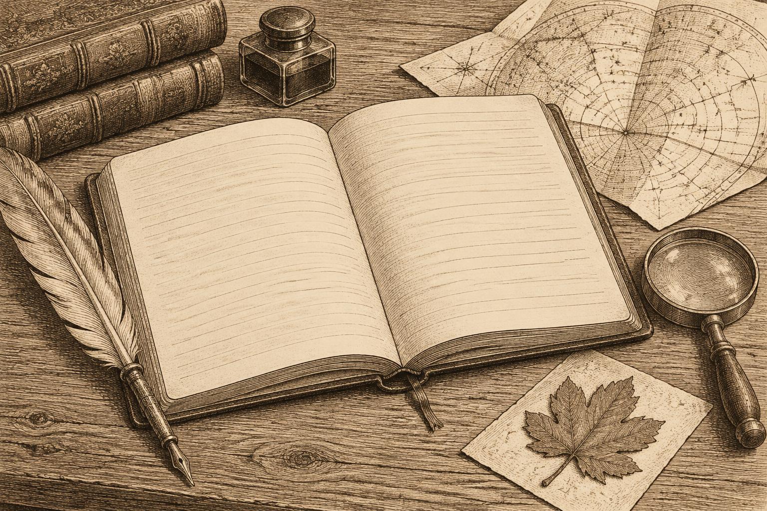 Engraved sepia drawing of an open journal with blank ruled pages on a desk, beside a quill, inkwell, magnifying glass, pressed leaf and folded star chart.