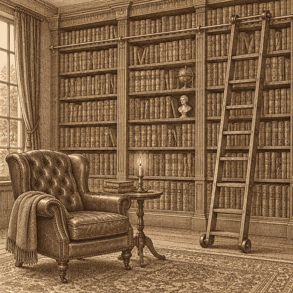 Engraved sepia drawing of a wall of library shelves with a rolling ladder, a leather reading armchair and a side table with a lit candle.